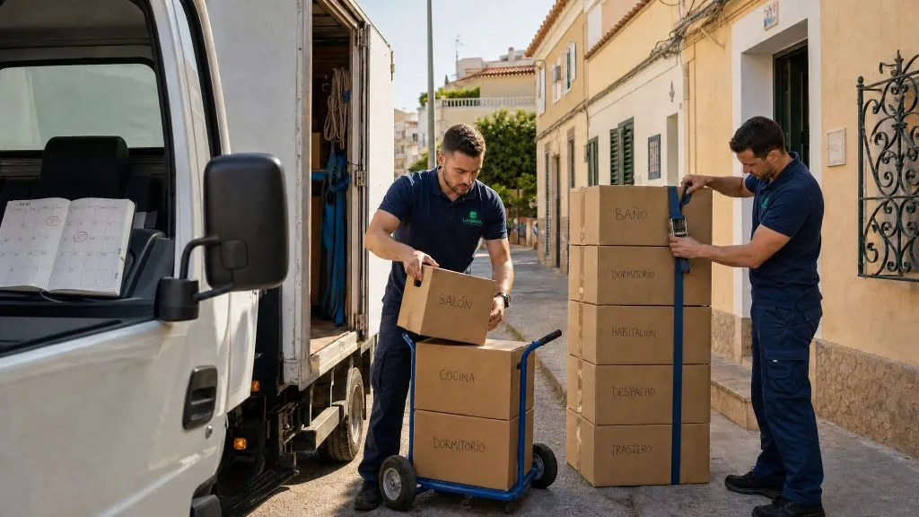 Mudanza en verano en Alicante operarios subiendo cajas al camión de mudanza